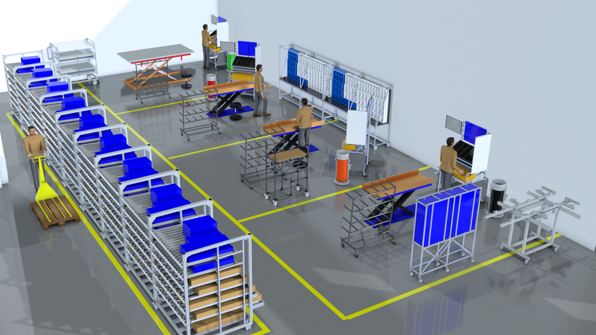 3D fabrikslayout av fabriksområde som visar maskiner, arbetsstationer och materialflöden för effektiv produktion och lean-optimering.